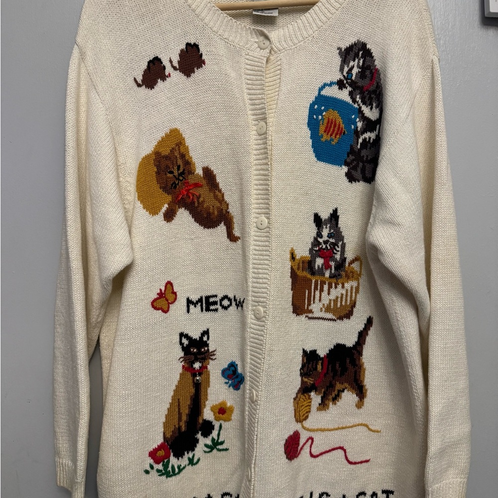Quacker Factory Cream Cardigan Sweater with Cat Designs